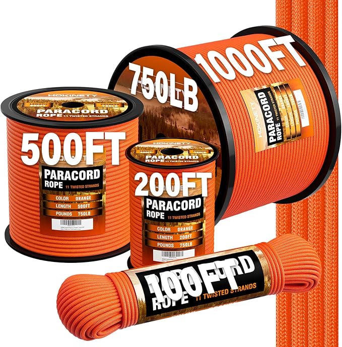 Paracord Rope 750 - Parachute para Cord 4mm 11 Strand Spool Rope Utility Nylon String for Outdoor Camping Survival Utility Tent Crafting DIY Projects - Orange 500ft