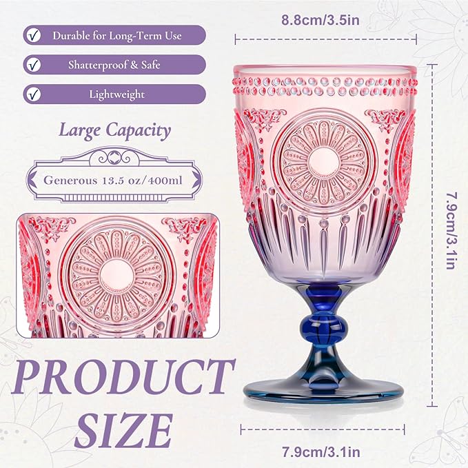 XUWAIDSGN 12Pcs Plastic Vintage Wine Glasses 13.5oz Reusable Embossed Goblet Glasses Pink Blue Gradient Retro Wine Glassware Unbreakable Stemmed Champagne Water Cups for Wine Cocktail Juice Wedding