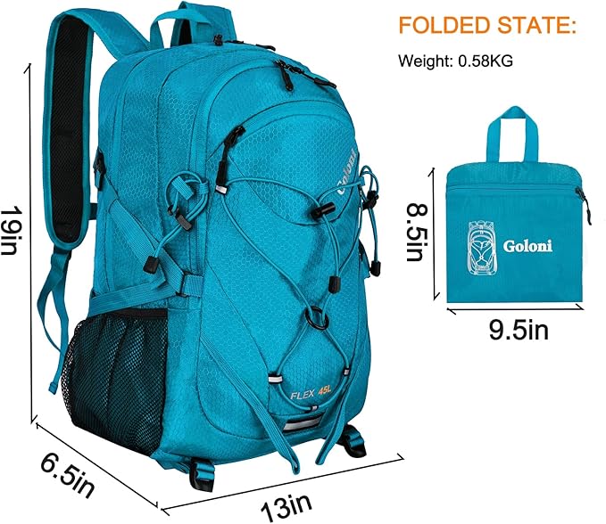 Goloni 45L Hiking Backpack Lightweight Foldable, Waterproof Camping Backpack with Rain Cover & Hiking Pole Mat Carrying System, Ergonomic Water Resistant Daypack for Trekking Travel Men Women Blue