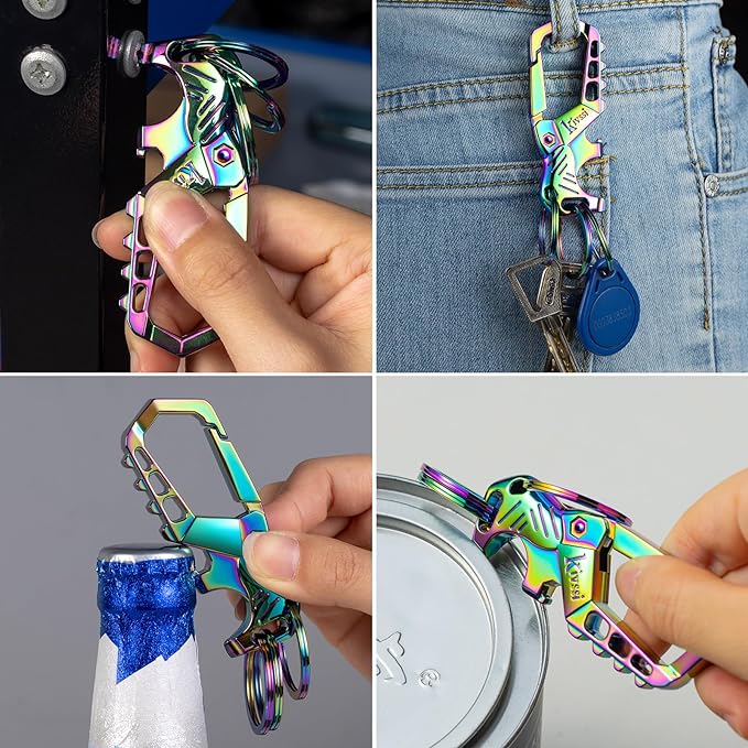 Kivssi Heavy duty metal keychains, Carabiner clip Car key chains,Fashion family keychain bottle opener and 3 Key Rings suitable for men and women.（Multicolor-1pcs）