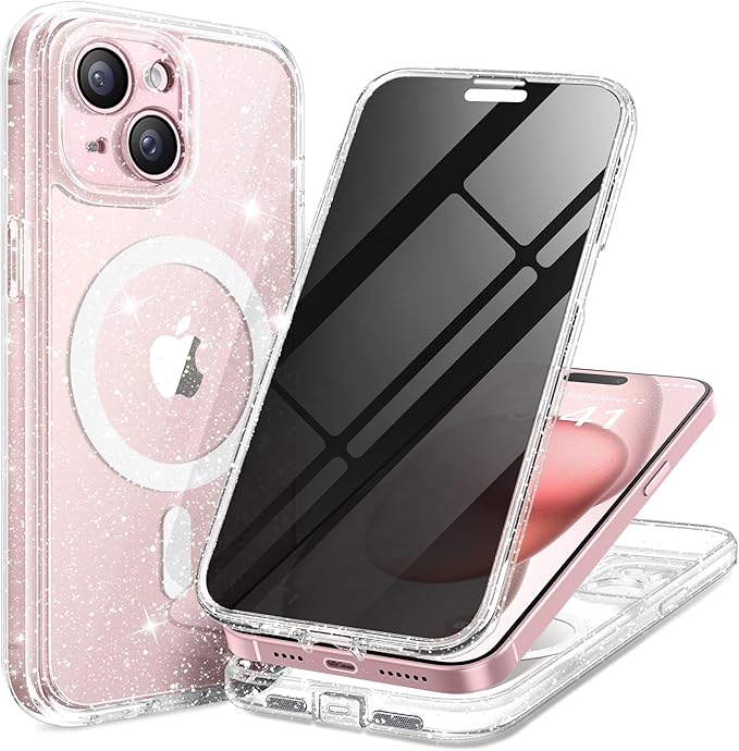 TIESZEN for iPhone 15 Plus Case, Compatible with MagSafe, Built-in Privacy Screen Protector and Camera Protection, Anti Spy Full Body Dustproof Shockproof Hard Phone Case 6.7", Shiny Clear