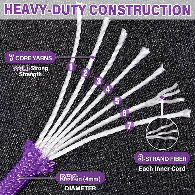 Paracord Rope 550 lb - 200ft 5/32" Parachute Cord 4MM 7-Strand para Cord - Heavy Duty Spool String for Survival,Camping Gear, Survival Bracelet, Clothesline - Purple