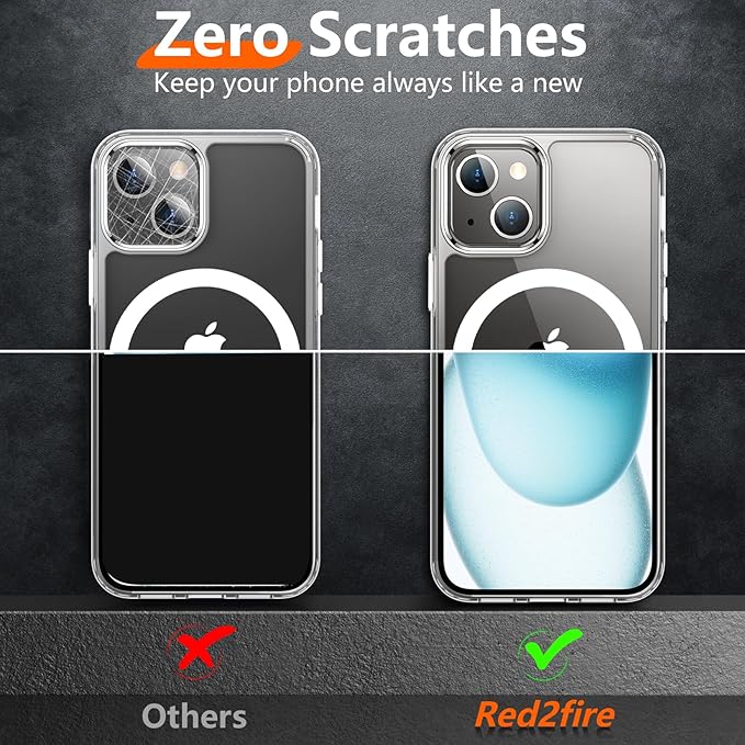 Red2Fire Magnetic for iPhone 15 Plus Case for iPhone 14 Plus Case Clear, [Compatible with Magsafe][2X Glass Screen Protector+Camera Lens Protector] [Not Yellowing] Slim Phone Case 6.7 inch - Clear