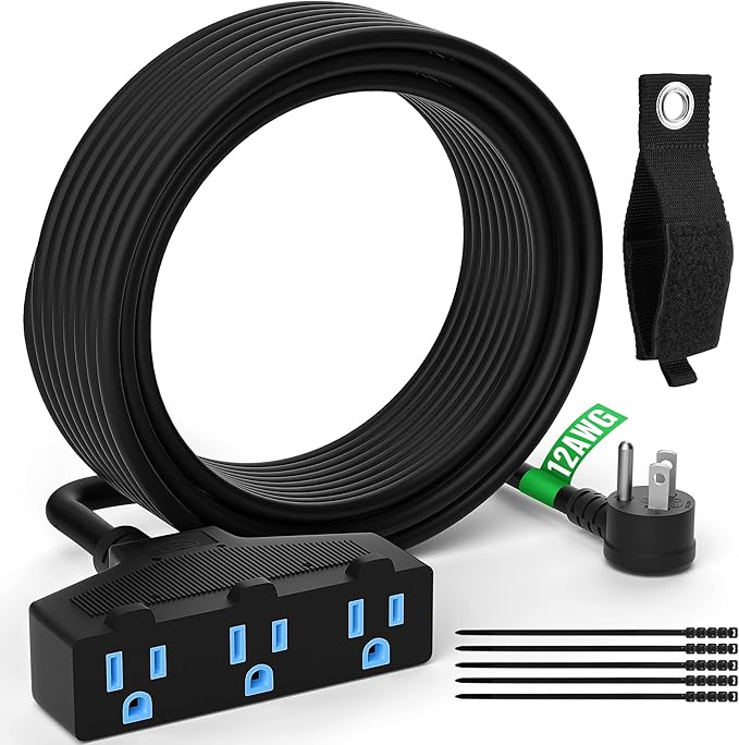 Outdoor Extension Cord 25 Ft with 3 Outlets, 12/3 SJTW 3 Prong Grounded Power Cord, 12 Gauge 12AWG Heavy Duty Power Cable, ETL Listed, 15 Amp 125 V 1875 W-Multiple Outlets for Indoor/Outdoor-Black