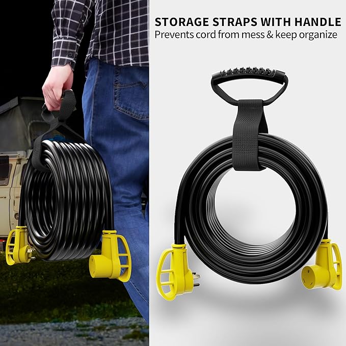 POWGRN 30 Amp RV Extension Cord 50 FT Outdoor with Grip Handle, Flexible Heavy Duty 10/3 Gauge STW 3 Prong RV Power Cord with Cable Organizer, NEMA TT-30P to TT-30R, Black-Yellow, ETL Listed