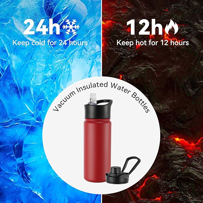 16 oz Insulated Water Bottle with Straw Lids, Stainless Steel Kids Water Bottles for School, Double Wall Vacuum Metal Water Bottle with Straw & Wide Mouth Lid, Red 8 Pack