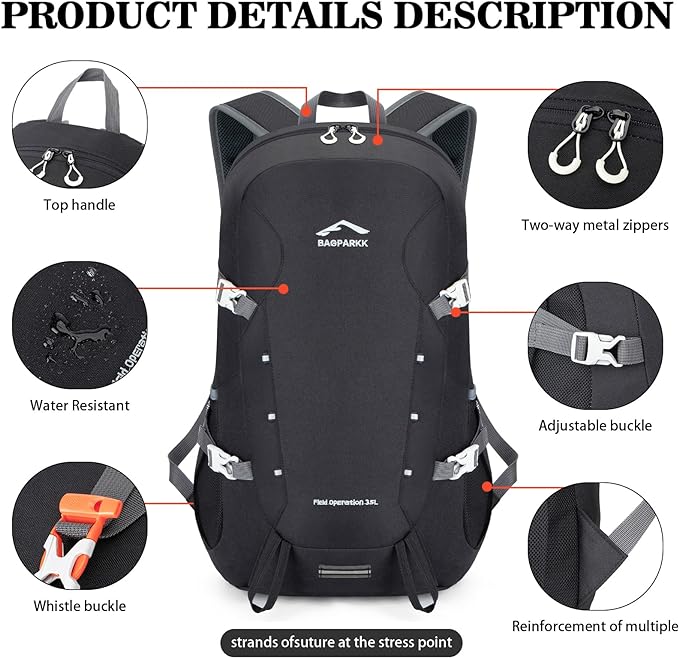 BAGPARKK Hiking Backpack,Large 35L Travel Backpacks for Men Women,Water Resistant Ultra Lightweight Foldable Packable Camping Daypack for Outdoor Sports