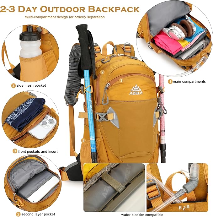 35L Hiking Backpack Detachable Frame Backpack with Rain Cover Waterptoof Travel Backpack for Women Men Daypack for Camping (Black)