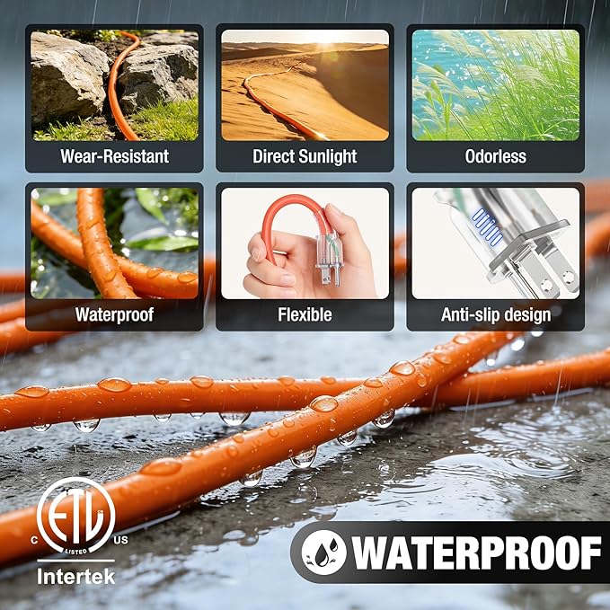 100 FT Outdoor Extension Cord Waterproof, 16/3 Gauge Heavy Duty 3 Prong Power Cord with Lighted Indicator End, 13A 125V 1625W SJTW, ETL Listed, Great for Lawn/Garden/Home(Orange)