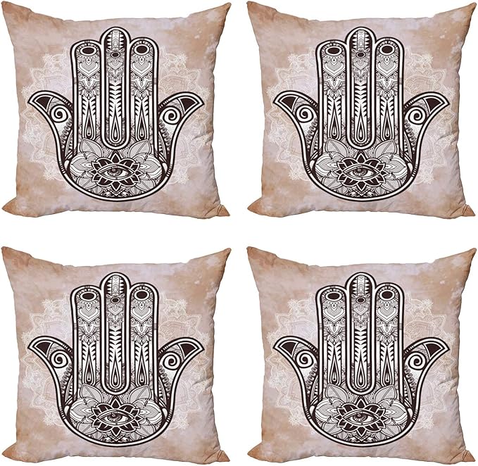 Ambesonne Hamsa Throw Pillow Cushion Case Pack of 4, Grunge Style Mandala with Evil Eye Mystic Eastern Art Oriental, Modern Accent Double-Sided Digital Printing, 18", Brown and Cream