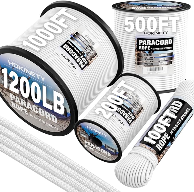 1200 Paracord Rope - 4.4mm 14 Strand Nylon Parachute Spool para Cord Lanyard for Outdoor Camping Survival Utility Tent Crafting DIY Projects Fishing Clothsline Bracelet - White 300FT