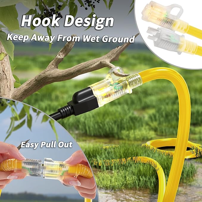 PlugSaf 14/3 Gauge Yellow Outdoor Extension Cord 100 ft Waterproof with Lighted Indicator, Cold Weatherproof -40°C, Flexible 3 Prong Extension Cord Outside,13A 1625W 14AWG SJTW, ETL Listed