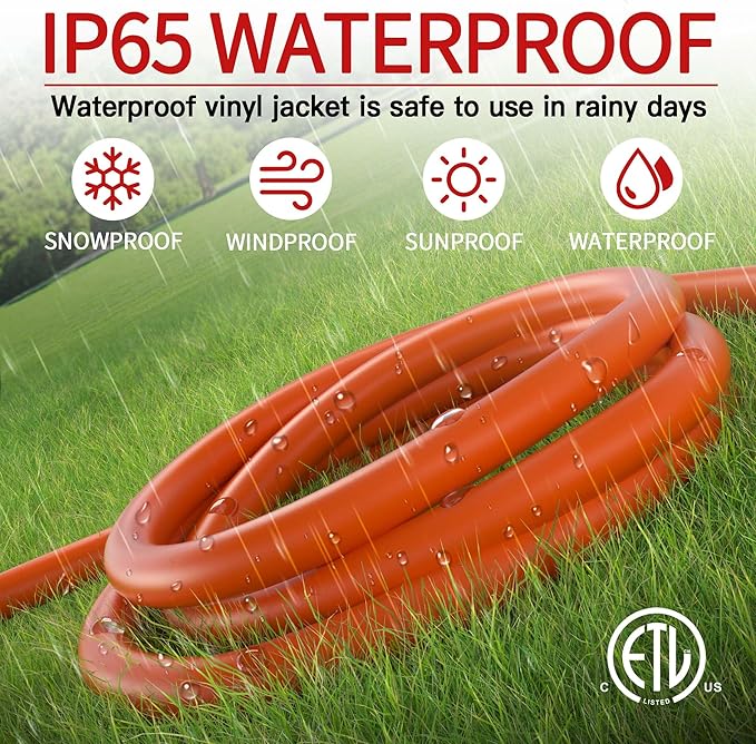 15 FT 12 Gauge Extension Cord Outdoor, Heavy Duty Weatherproof & Flame Retardant Orange 3 Prong Power Cord with Light, Outside for Lawn & Garden, 15 Amps 1875 Watts 125 VAC 12AWG SJTW, ETL Listed