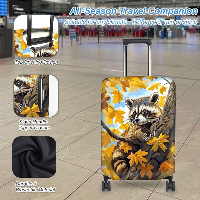 Luggage Cover Protector for 22-24 Inch Suitcases, TSA Approved Elastic Travel Suitcase Covers, Anti-Scratch Washable Luggage Sleeve for Carry On & Checked Bags, Raccoon Perched