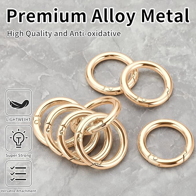 Gkeygo Key Ring Clip, 4/5 Inch Keychain Rings, 8 Pack Round Carabiner Clip for Keys, Buckle, Bags, Purses - Key Chain Hooks Replacement Keychains Lanyard DIY Crafts, Light Gold