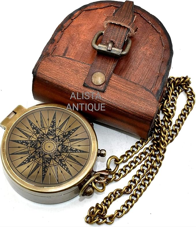 Classic Handmade Antique Functional Brass Compass with Chain and Leather Case – Vintage Decorative Pocket Compass for Men and Women for Wife