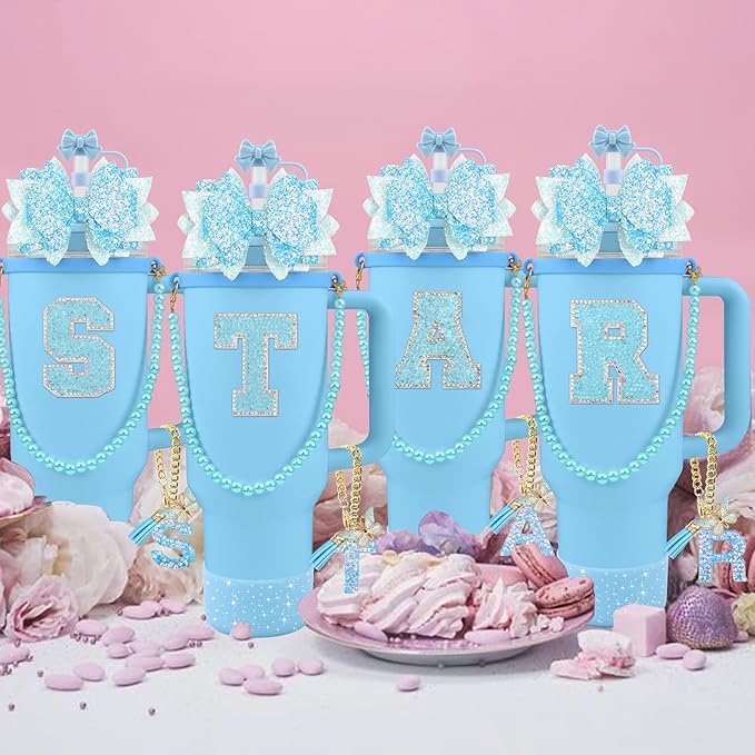 9PCS Blue for Stanley Cup Accessories Set Bling Initials Bow Charms for Stanley Decorations 30/40 Oz Tumbler Accessories Including Bow Straw Topper, Handle Strap, Spill Stopper（Letter D）