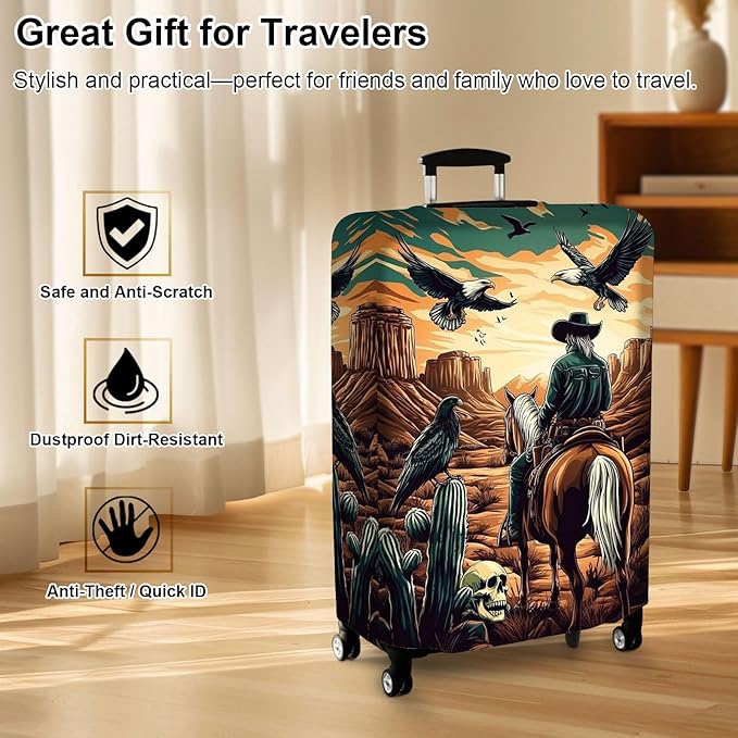 Luggage Cover Protector for 30-32 Inch Suitcases, TSA Approved Elastic Travel Suitcase Covers, Anti-Scratch Washable Luggage Sleeve for Carry On & Checked Bags, Cowboy on Horseback