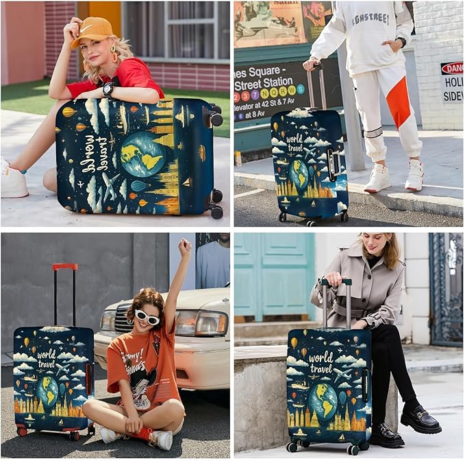 ANNA QUEEN World Travel Luggage Cover, Adventure Theme Suitcase Protector, Stretchable Washable Cover for 28-30 Inch Luggage