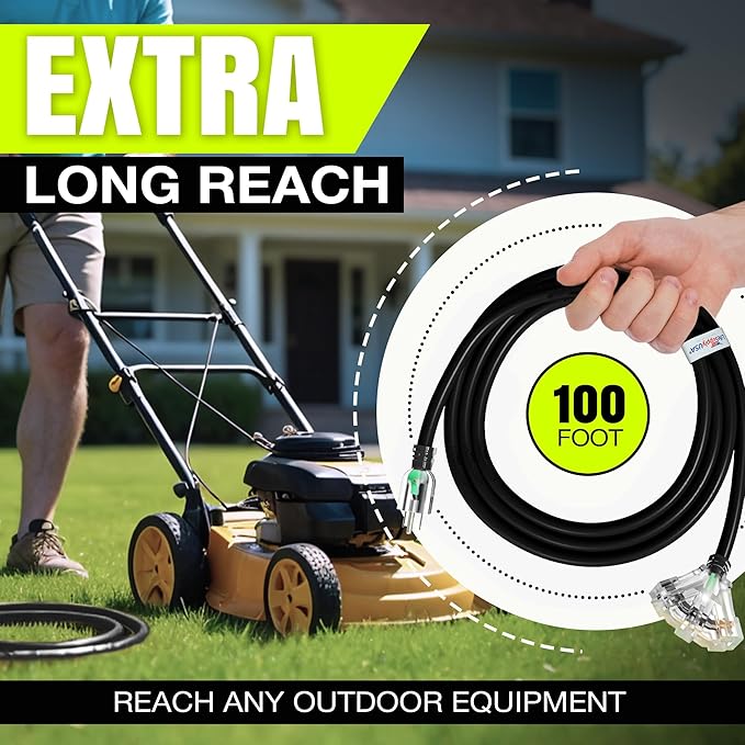 100ft Outdoor/Indoor Extension Cord 3-Outlet 12/3 Gauge Extra Heavy Duty 3 Prong SJTW, Waterproof, Flexible Cold-Resistant Long Power Cord,15A 125V 1875W, Black by LifeSupplyUSA