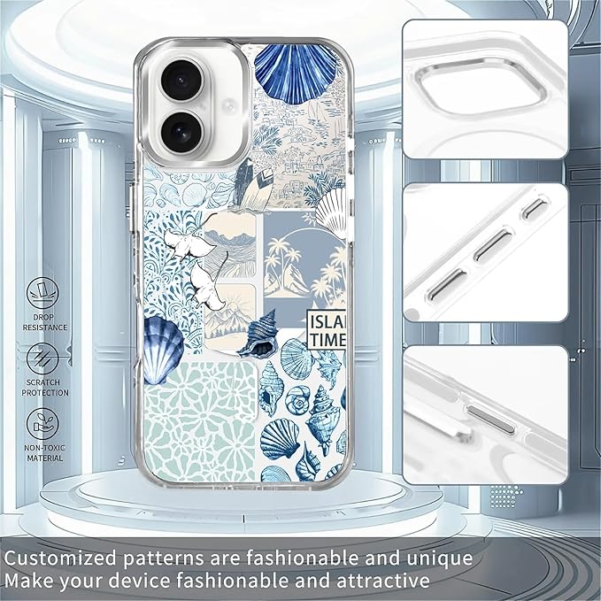 Case for iPhone 16 Plus,[Compatible with MagSafe],Sea Life Ocean Waves Seashell Collage Phone Case Design，for Women Girls Magnetic Clear Cover - Slim, Sleek, & Shockproof Protection
