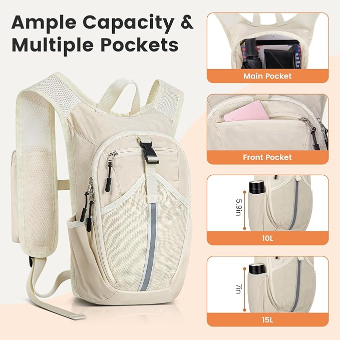 Small Hiking Backpack 15L- Lightweight Packable Foldable Backpack for Travel Camping Outdoor Commute, Compact Rucksack for Women Men(Beige)