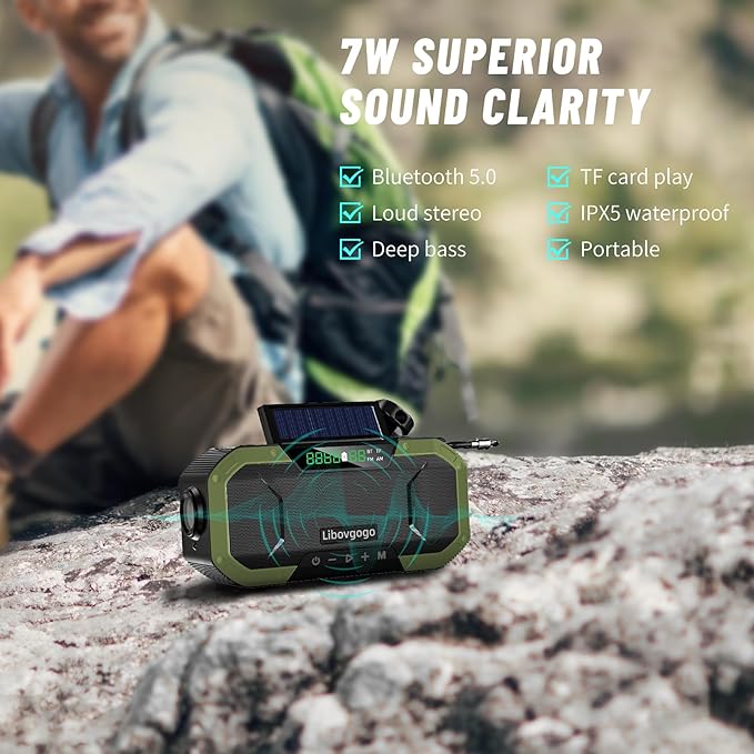 Emergency Radio Waterproof Bluetooth Speaker,Portable AM FM Radio with Flashlight,Reading Lamp,Hand Crank NOAA Weather Radio with Solar Panel,5000mAh/18500mWh Cell Phone Charger,Emergency Survival Kit