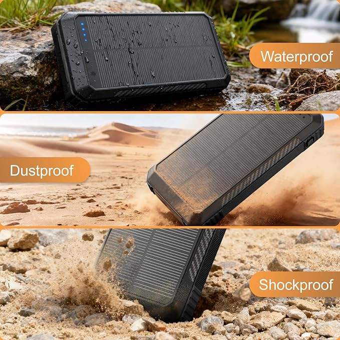 Solar Power Bank 33800mAh Wireless Portable Charger with Built-in 4 Cables, Fast Charging Battery Pack with 7 Outputs,4 Inputs, LED Camping Flashlight,Compass(Black)