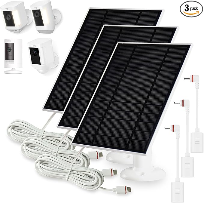 Solar Panel Charger Compatible with Ring Stick Up Cam/Pro,Ring Spotlight Cam Plus/Pro,with USB-C to Barrel Plug Adapter (3PACK)