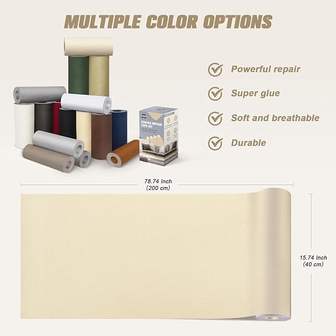 OAZ 16 x 79 inch Canvas Repair Patches Canvas Fabric Patch Self-Adhesive Fabric Repair Tape Waterproof Outdoor Gear Patch Kit for Boat Cover Awning Sofa Chair Couch Tent Bag (Ivory White)