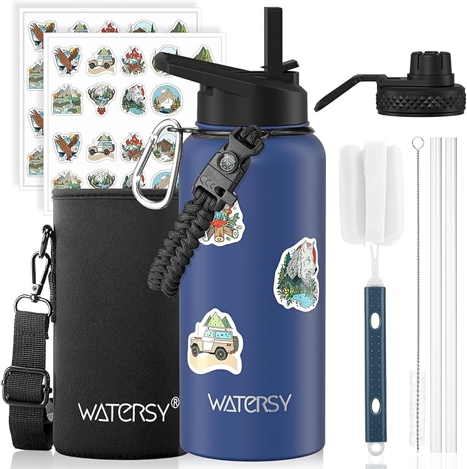 32oz Insulated Water Bottle (Cold for 48 Hrs),BPA Free&Leak Proof,Stainless Steel Water Flask,Water Jug with Straw Spout Lids for Gym,Hiking,Travel,Deep Blue