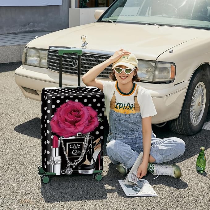 ANNA QUEEN Vintage Polka Dot Rose Travel Luggage Cover -Stretchable Airplane Suitcase Protector Sleeve,Universal Washable Fit for 28-30 Inch Checked Baggage,Water Resistant Durable Luggage Protector