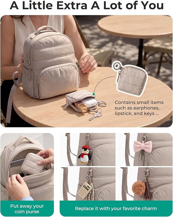 BAGSMART Small Backpacks for Women, Lightweight Puffer Mini Backpack Purse with Pouch, Quilted Casual Daypack, Water-Resistant Bookbag for Daily Travel College, 2-in-1 Set, Baby Blue