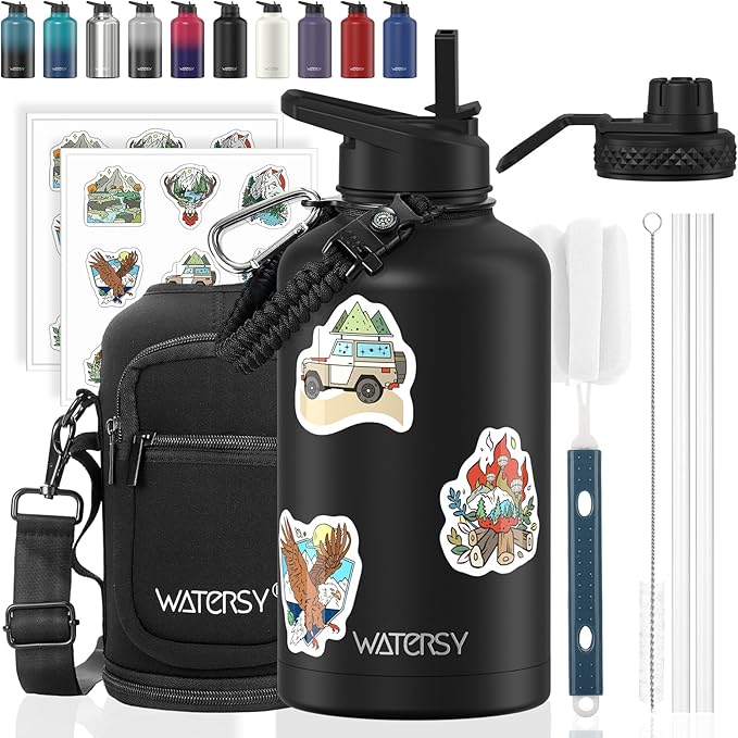 64oz Insulated Water Bottle (Cold for 48 Hrs),BPA Free&Leak Proof,Half Gallon Stainless Steel Water Flask,Water Jug with Straw Spout Lids for Gym,Hiking,Camping,Black