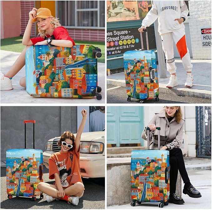 ANNA QUEEN Mediterranean Town Luggage Cover, Coastal City Suitcase Protector, Stretchable Washable Travel Cover for 24-26 Inch Luggage