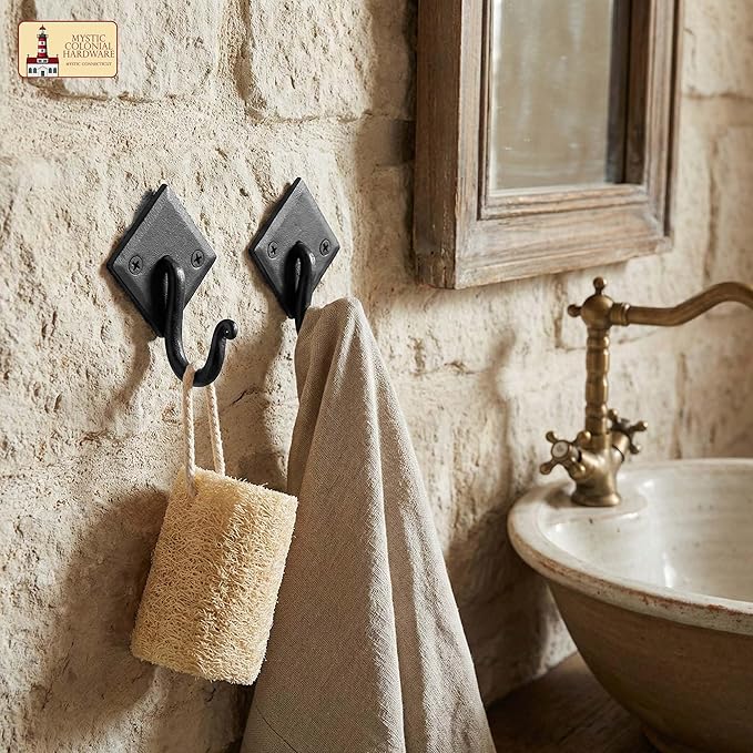 Mystic Colonial Rustic Cast Iron Wall Hooks, 3.6" Heavy Duty Coat Hooks for Coat, Bag, Towel, Hat & Robe, Mounting Hardware Included, Black, Pack of 10