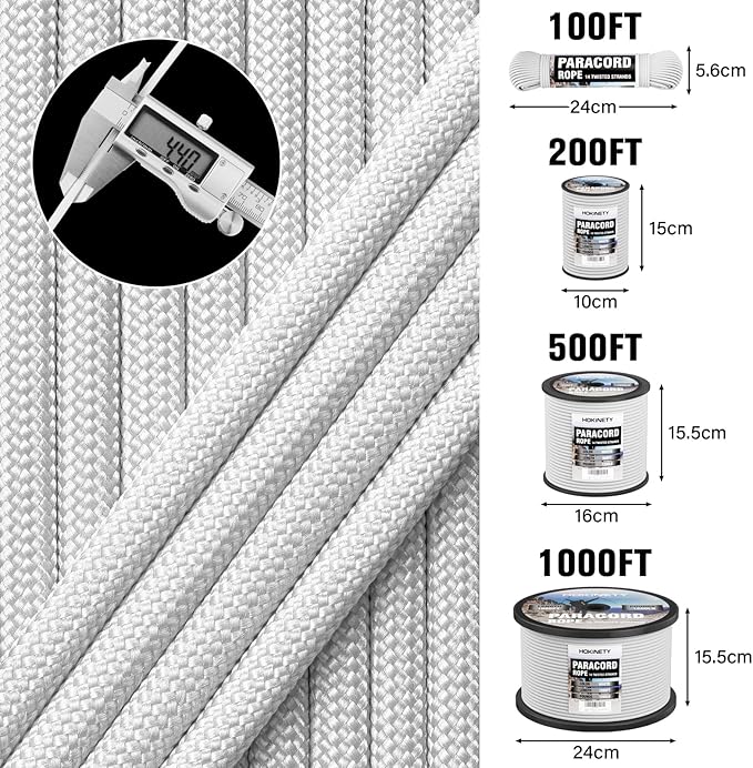 1200 Paracord Rope - 4.4mm 14 Strand Nylon Parachute Spool para Cord Lanyard for Outdoor Camping Survival Utility Tent Crafting DIY Projects Fishing Clothsline Bracelet - White 300FT