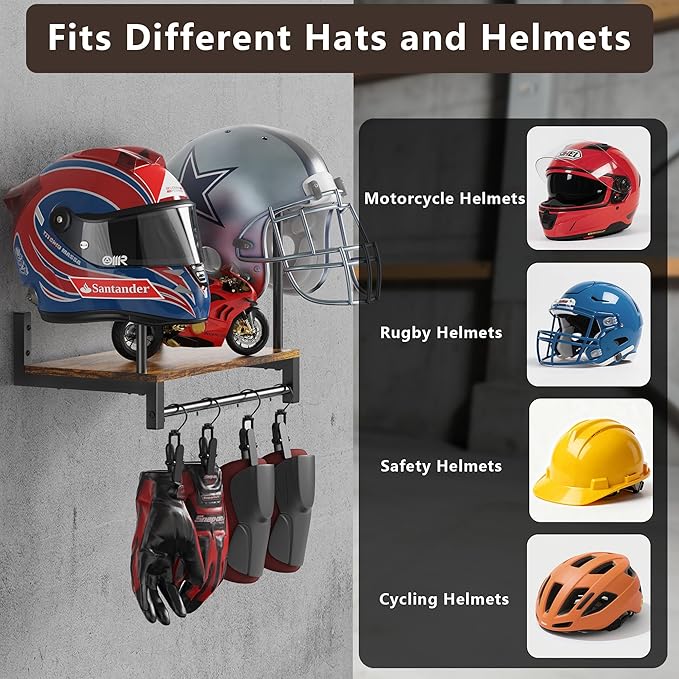 Motorcycle Helmet Holder Wall Mount, Helmet Rack with 4 Glove Clips, Motorcycle Gear Rack Storage, Motorcycle Accessories Organizer for Entryway or Garage
