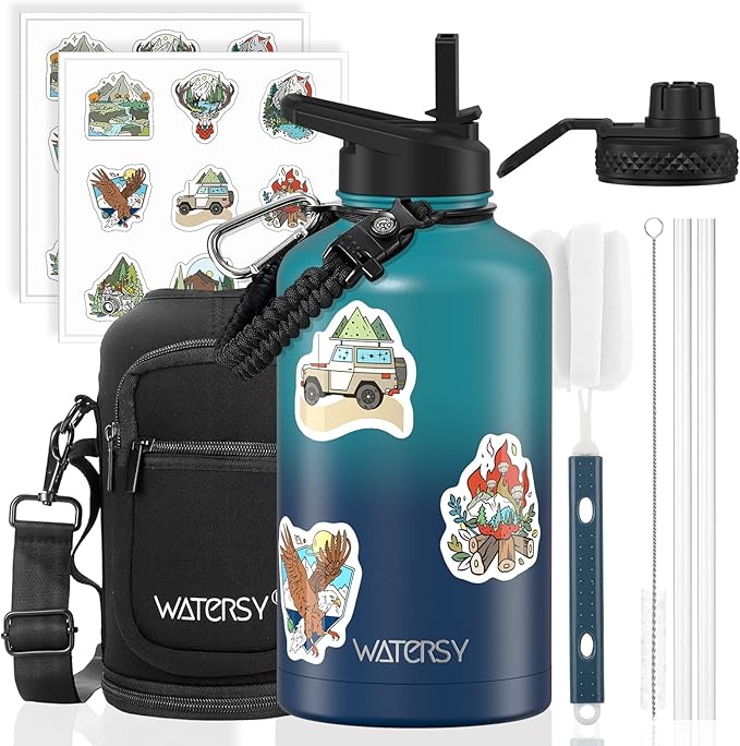 64oz Insulated Water Bottle (Cold for 48 Hrs),BPA Free&Leak Proof,Half Gallon Stainless Steel Water Flask,Water Jug with Straw Spout Lids for Gym,Hiking,Camping,Gradient Blue
