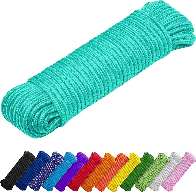 TECEUM Rope – 90 Feet x 1/4 Inch (7mm) – Green Wave – Strong All-Purpose Utility Rope – Camping, Crafting, Flag Pole, Indoor & Outdoor – Polypropylene Nylon Poly Lightweight Diamond Braided Cord