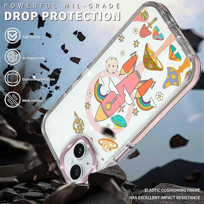 Case for iPhone 14 Plus/15 Plus,[Compatible with MagSafe],Spaceship Mushroom Phone Case Design，for Women Girls Magnetic Clear Cover - Slim, Sleek, & Shockproof Protection