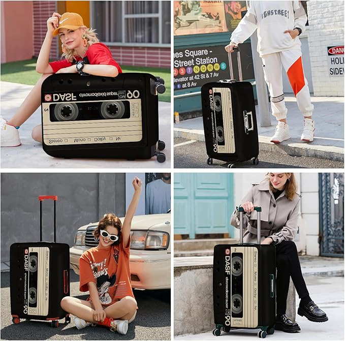 ANNA QUEEN Retro Cassette Tape Luggage Cover, Vintage Music Design Suitcase Protector, Washable Stretchable Travel Sleeve for 20-22 Inch Luggage