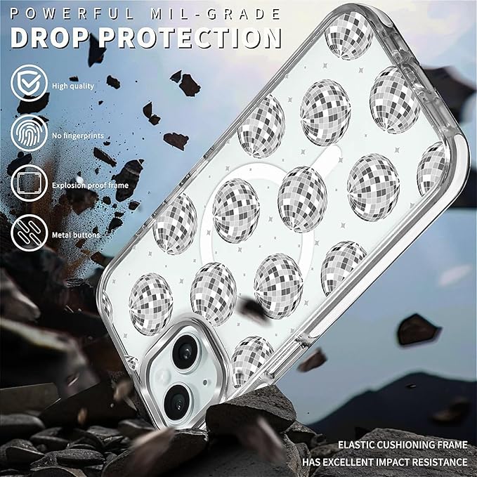 Case for iPhone 15,[Compatible with MagSafe],Disco Ball Grayish White Phone Case Design，for Women Girls Magnetic Clear Cover - Slim, Sleek, & Shockproof Protection
