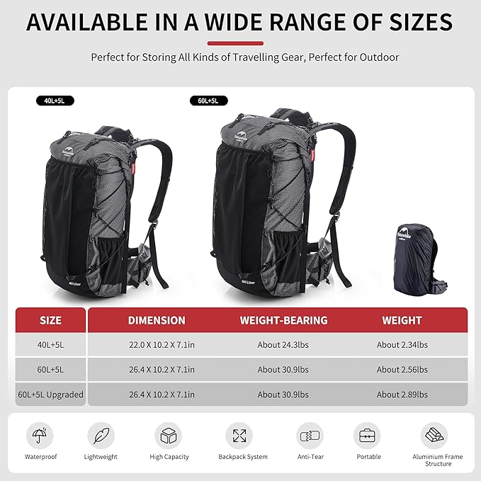 Naturehike 45L Rock Internal Frame Hiking Backpack for Outdoor Camping Travel Backpacking with Rain Cover Ultralight Backpack for Adults