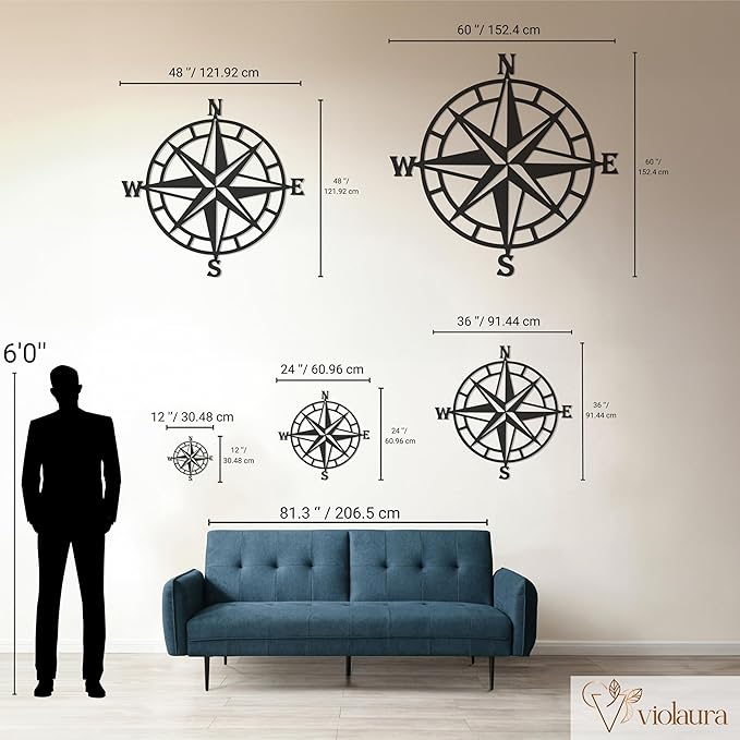Violaura Compass Rose Metal Wall Art - Easy to Install Hanging Nautical, Directional, Adventure, Navigation, Compass Point, Explorers, Maritime, Wanderlust, Living Room Decor (60" x 60")