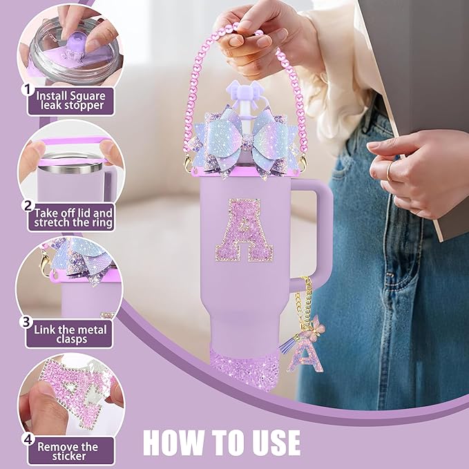 9PCS Purple for Stanley Cup Accessories Set Bling Initials Bow Charms for Stanley Decorations 30/40 Oz Tumbler Accessories Including Bow Straw Topper, Handle Strap, Spill Stopper（Letter M）