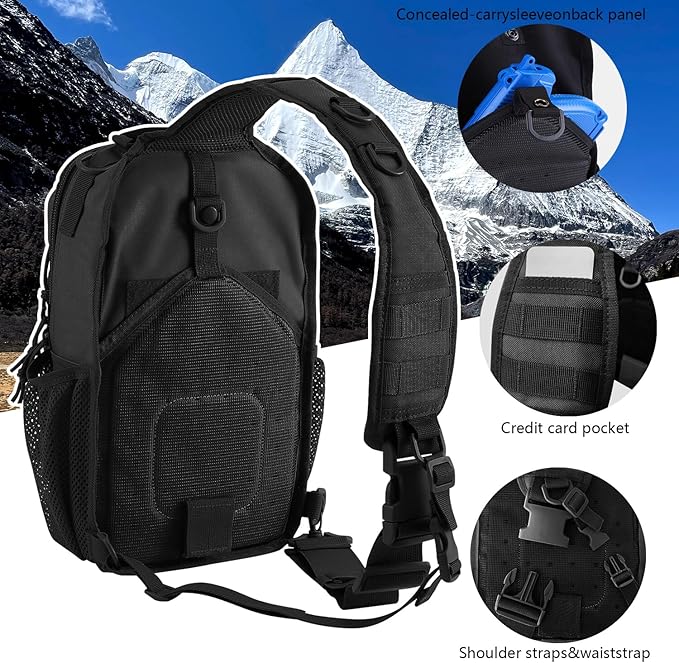 Rover Sling Pack Tactical Shoulder Sling Bag Backpack with Bottle Holder Crossbody Chest Bag, Black