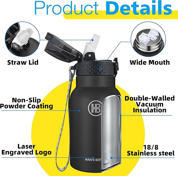 Han's Bottle Kids Water Bottle with Straw Lid - Insulated Stainless Steel Reusable Tumbler for Girls,Boys,Thermo Mug,12oz,Black