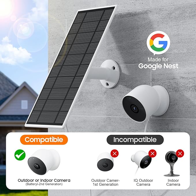 Solar Panel for Google Nest Camera, 2Pack Upgraded Solar Power Charger for Google Nest Cam Indoor & Outdoor(Battery Version), Flexible Solar Panels with IP65 Waterproof 13.1Ft Charging Cable