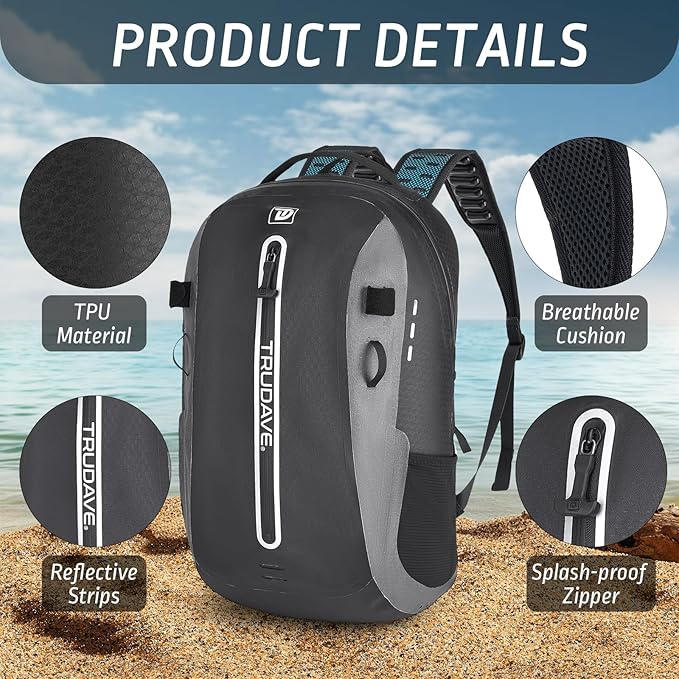 Trudave Waterproof Backpack, Waterproof Submersible Backpack, Floating TPU Coated Dry Bag with Airtight Zipper for Kayak, Fishing, Boating, Hiking, Black (20L)